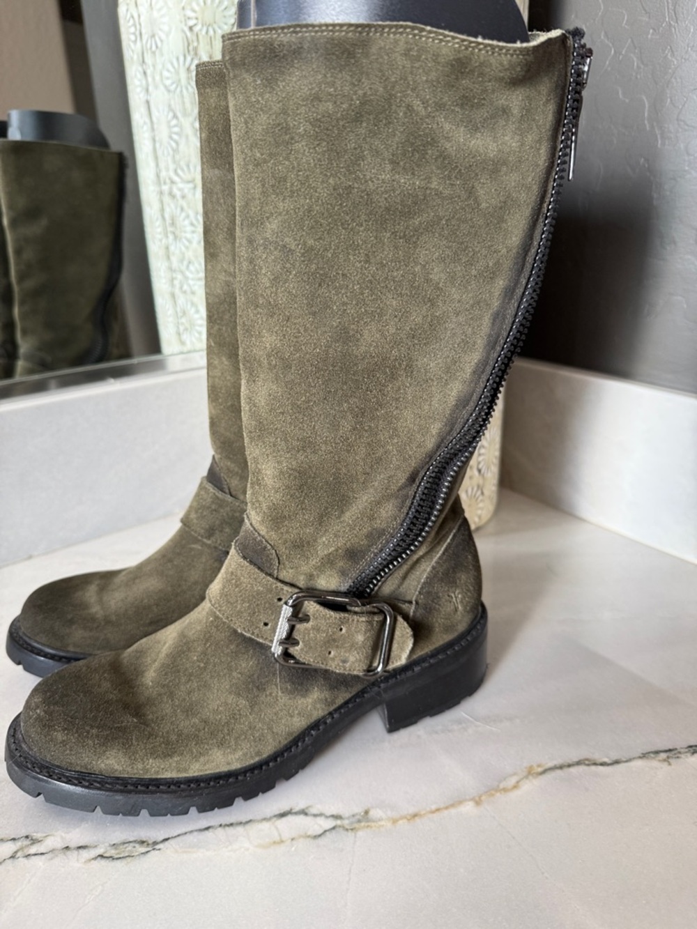 FRYE BOOTS Olive Suede Mid-Calf Zip Buckle Boots - Women 7.5 - Picture 3 of 10